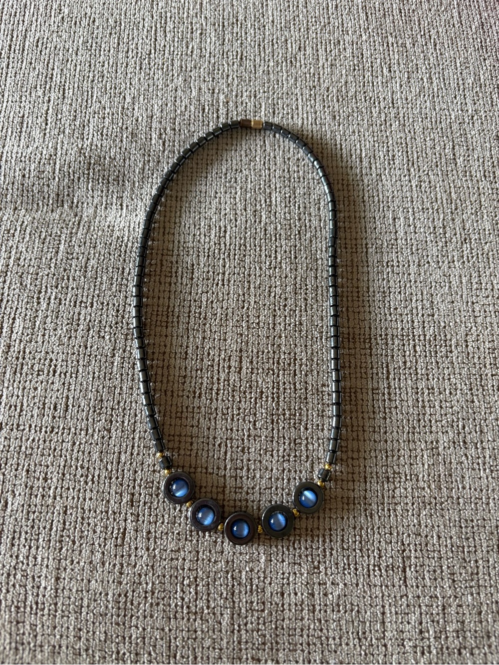 Cats Eye Blue Bead Necklace with Gold Accents